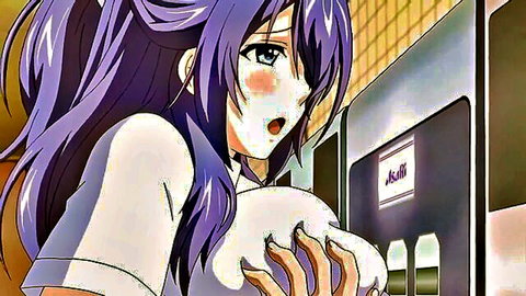 Purple-haired anime girl squeezing huge exposed breasts in open school shirt