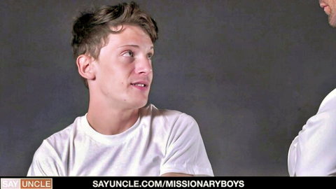 Two young white twinks in white shirts, impure missionary boy interview