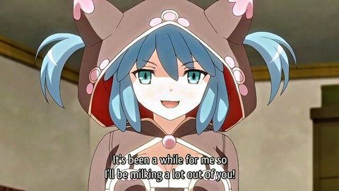 Blue-haired hentai catgirl in cat-eared hood promises intense milking session