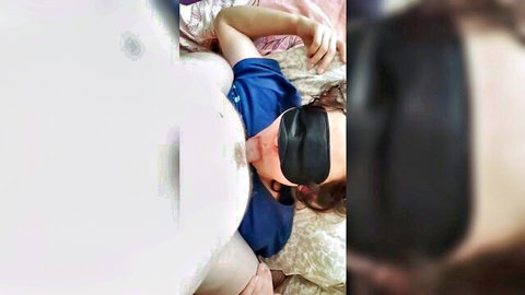 Blindfolded white brunette with big tits in intimate couple play