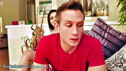 Guy surprised by hot brunette stepsister's friend on couch