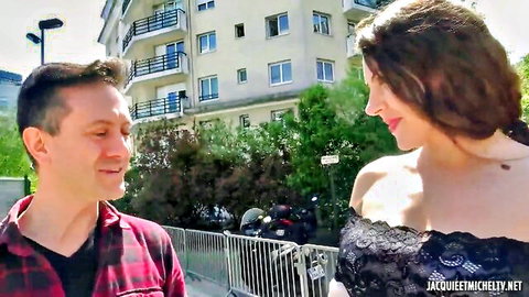 Sofia Curly in sexy black lace top outdoors with partner, teasing smile