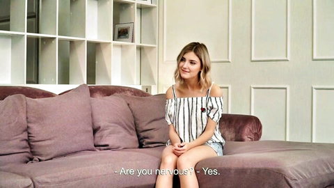 Blonde model Flor looking nervous in striped off-shoulder top and shorts, defloration scene