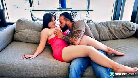 Aleksa Mink in hardcore embrace, exposing big tits in pink dress