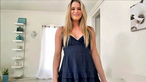 Chloe Rose smiling in sexy navy blue dress, long blonde hair for PerfectGirlfriend