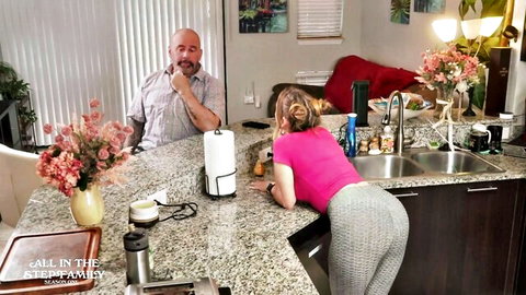 Kymber Leigh & Freya Von Doom tease stepdad in kitchen, tight leggings ass view