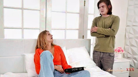 Reya Lovenlight blonde MILF chats with young stud on bed - Aunt Judys