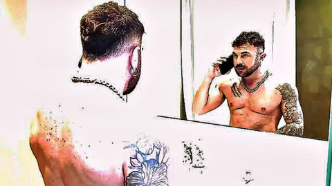 Muscular tattooed man shirtless in mirror reviewing boss's XXL file