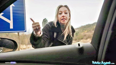 Blonde Hailey Queen hitchhiking outdoors in coat - Public Agent tease