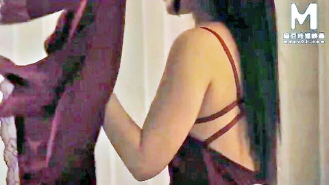 Asian woman in red strappy lingerie bends over showing big ass grabbed by man behind