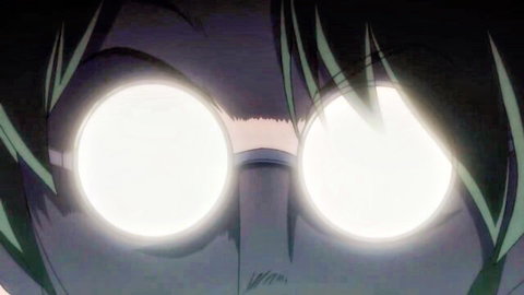 Shocked busty hentai teen girl with glasses and green hair, intense expression