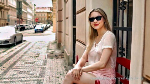 Abbie Anderson in sheer white top and pink skirt on city bench