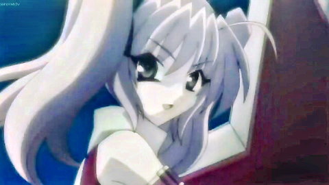 Busty anime girl with silver hair and green eyes in school uniform