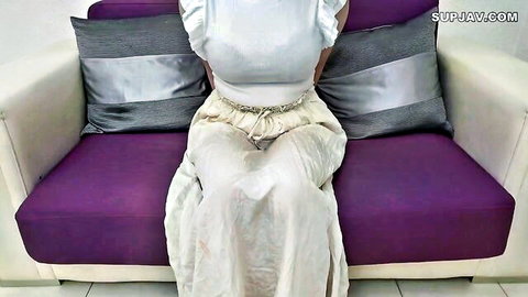Fair-skinned beauty with big breasts in sheer white outfit, bound solo