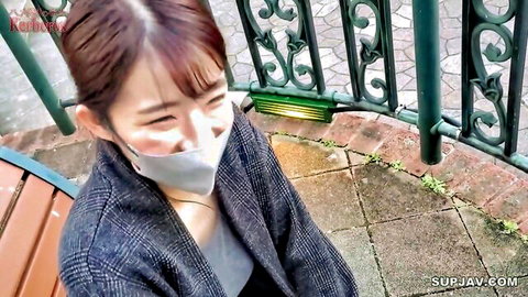 Asian beauty with mask exposes shaved pussy in cardigan