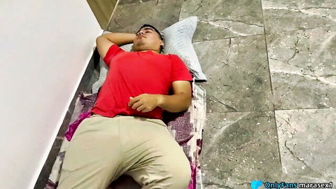 Step son asleep in red shirt on hotel floor before stepmom sex