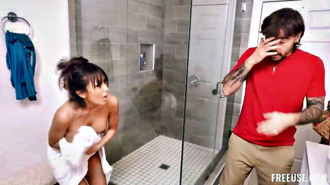 Jena LaRose topless in towel, teasing stepson in bathroom surprise