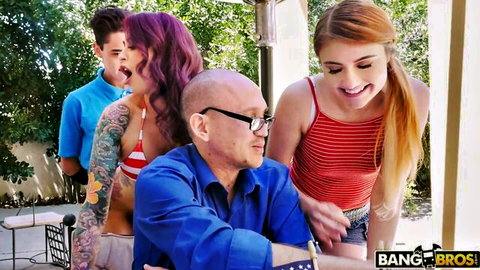 Monique Alexander and Adria Rae in teasing outdoor threesome with guys