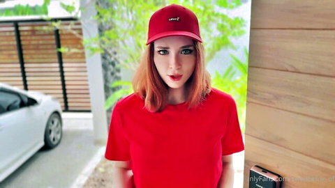 Sweetie Fox in red Levi's cap and t-shirt, pizza delivery tease