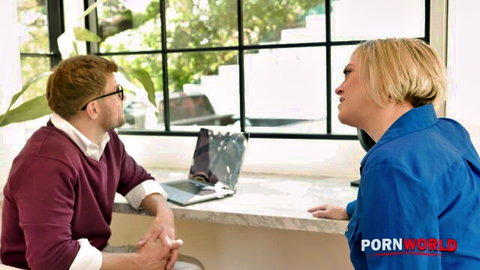 Dee Williams in blue shirt seducing red-haired stepson during interview