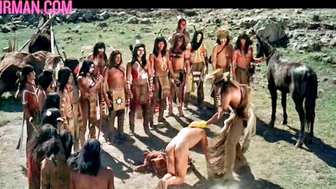 Tribal warriors surround naked man fucked doggy-style outdoors with horse and tipis