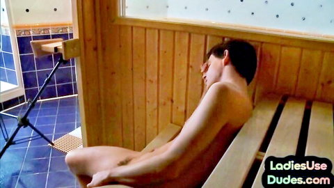 Nude slim young man relaxed in sauna, amateur femdom incel pegging preview