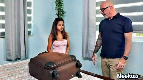 Isabella Jules in sexy pink halter top with suitcase and man