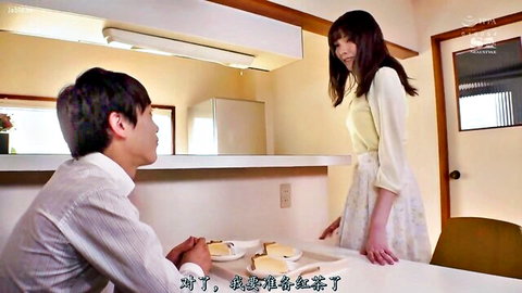 Asian couple sharing innocent breakfast, young woman in floral skirt and cardigan