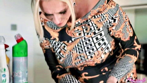 Brittany Bardot blonde MILF in sexy patterned dress cleaning