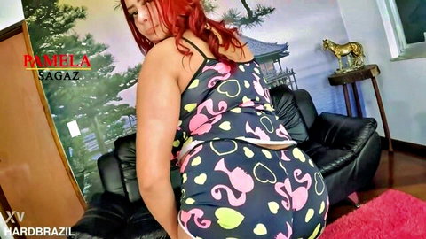Redhead Pamela Sagaz in colorful pajamas, bending over big ass tease