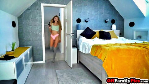 Ivi Rein in pink panties and stockings teasing in bedroom, 18+