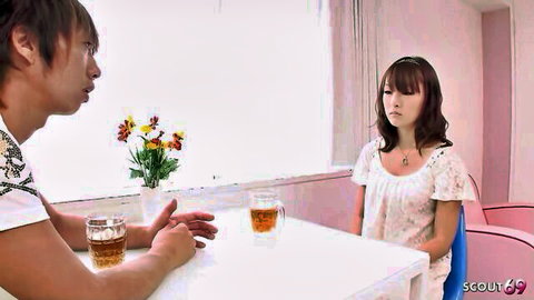Japanese man seducing shy beautiful neighbor wife with perfect body over drinks