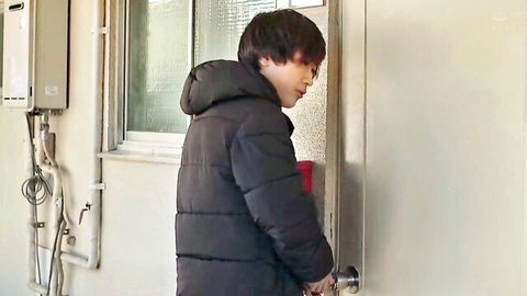 Jinguuji Nao in black puffer jacket at door, lonely JAV housewife drama
