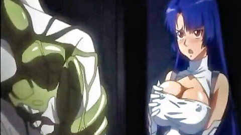 Blue-haired hentai knight Ingrid with huge tits groped by green monster