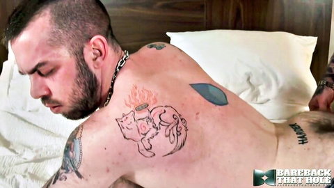 Tattooed bear in intense bareback gay fuck at Love Trans Sex