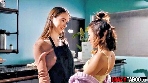 Hazel Moore big booty teen in apron with curly-haired friend smiling close-up