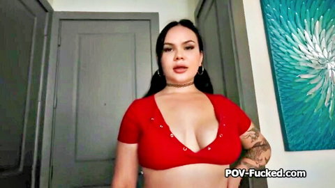 POV teasing with curvy Latina pizza delivery girl in red crop top