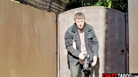 Perverted man with camera sneaking into backyard gate for big butt teen taboo encounter