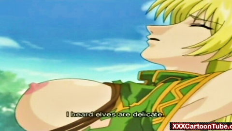 Blonde elf with exposed large breast in green outfit, forest scene, delicate fantasy tease