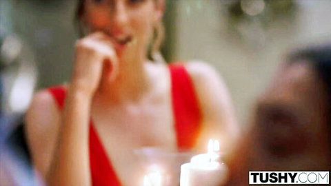 Shona in red dress seduces husband at candlelit dinner, TUSHY swing tease