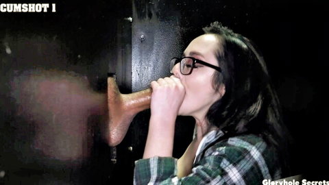 Asian woman with glasses deepthroats cock through gloryhole in Gloryhole Secrets cumshot scene