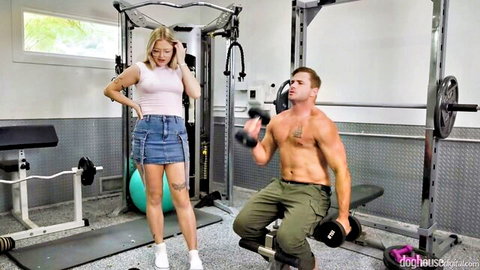 Jill Taylor blonde teen in mini skirt teasing muscular guy in gym workout