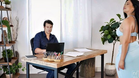 Scarlett Alexis in sexy blue crop top and skirt, teasing man at desk