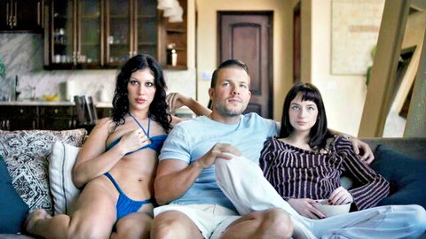 Curvy big tits brunette in skimpy blue bikini cuddles muscular man in tight white briefs with young brunette teen on couch