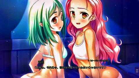 Anime busty green and pink hair girls in white bras posing seductively