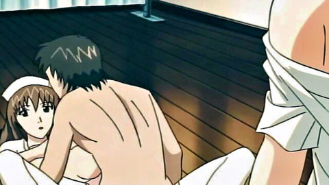 Hentai nurse threesome with exposed breasts and nude man embrace