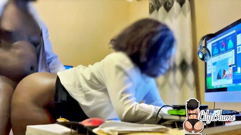 Curvy ebony babe bent over desk for hot doggy-style office fuck with boss
