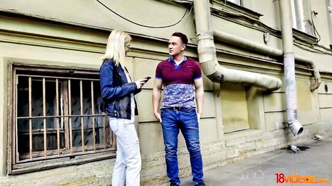 Blonde teen in leather jacket chats with guy outside, teasing glasses facial cumshot