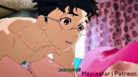 Anime glasses guy with muscular chest leans over pink-haired girl on bed asking if she's okay