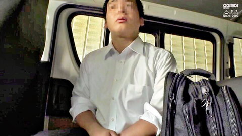 Asian man in white shirt sitting in van with backpack, face censored, JAV thumbnail